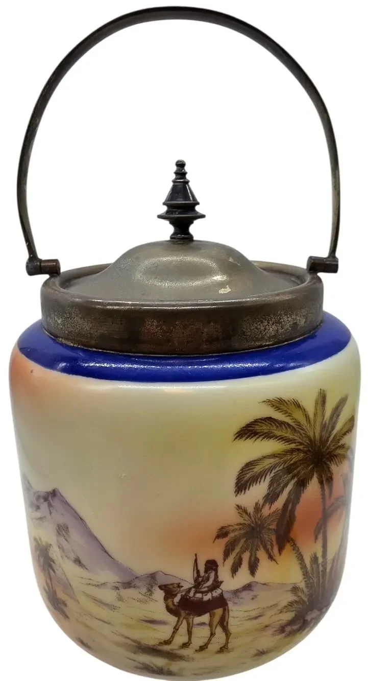 VINTAGE CZECH DESERT SCENE COVERED BISCUIT JAR PORCELAIN WITH METAL FRAME